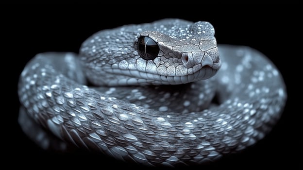 Close up of a blue snake with intricate scales and a striking gaze on a dark background. photo