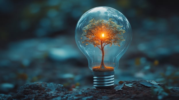 Illuminated tree growing inside a light bulb creating a surreal environment at dusk. photo
