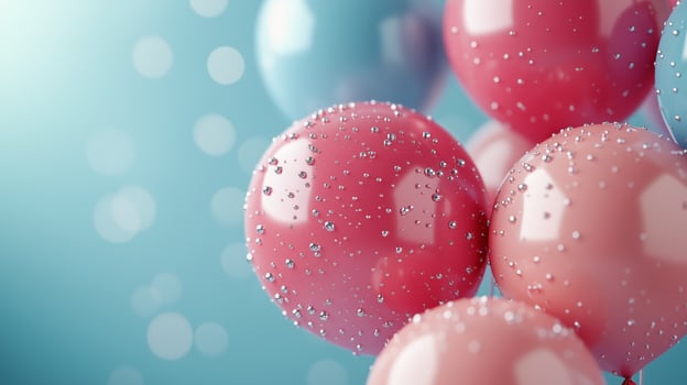 Colorful balloons with water droplets against a bright blue background during a festive celebration. photo