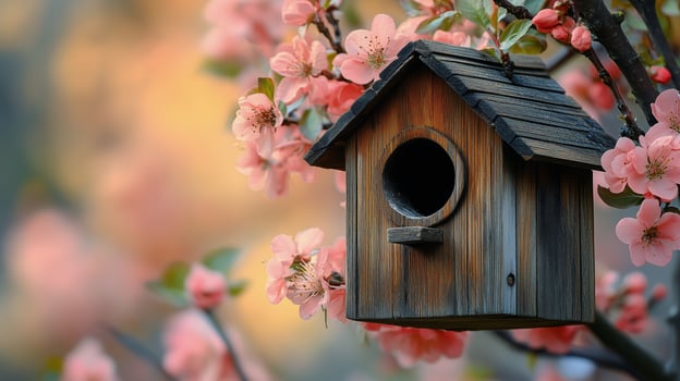 Birdhouse nestled among blooming cherry blossoms in spring sunlight. photo