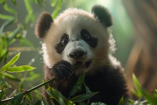 A panda bear eating bamboo in the forest photo