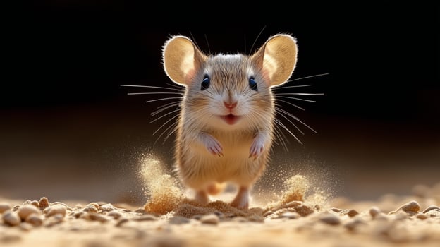 Small desert mouse runs joyfully across sandy ground in low light setting. photo