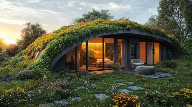Eco-friendly house covered in green vegetation with warm lighting at sunset in a tranquil setting. photo