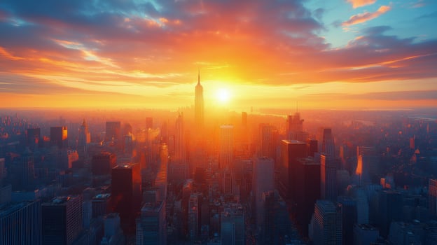 Stunning sunset view over a city skyline with skyscrapers and vibrant colors. photo