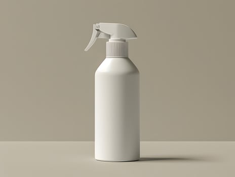 A white spray bottle on a table with a white background photo
