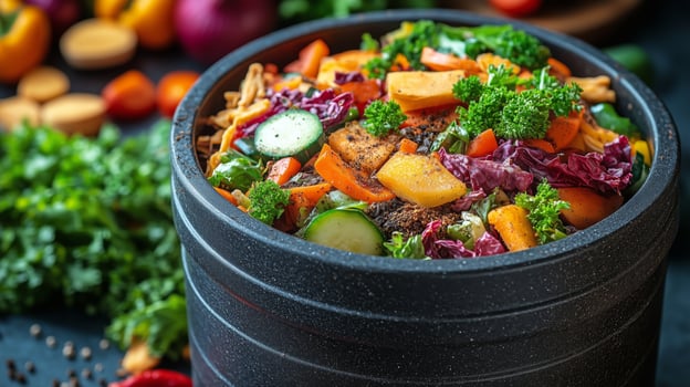 Fresh vegetable salad bowl with colorful ingredients and herbs in a rustic setting. photo