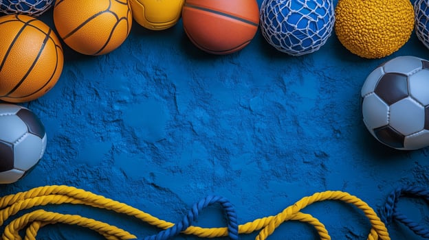 Collection of various sports balls on a vibrant blue textured background. photo