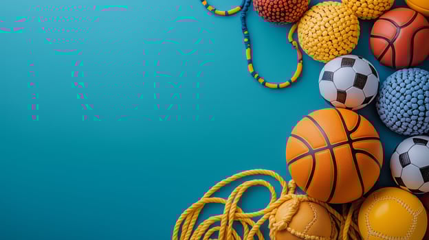 Colorful collection of various sports balls and equipment on blue background during daylight. photo