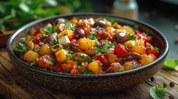 Fresh Mediterranean salad with olives and herbs in a rustic bowl. photo