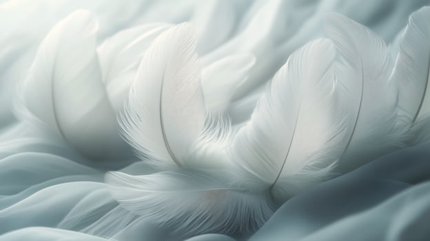 Soft white feathers arranged gracefully on a delicate surface create a calming atmosphere. photo