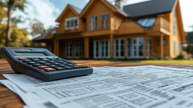 Calculator and paperwork on a table with a modern wooden house in the background during daytime. photo