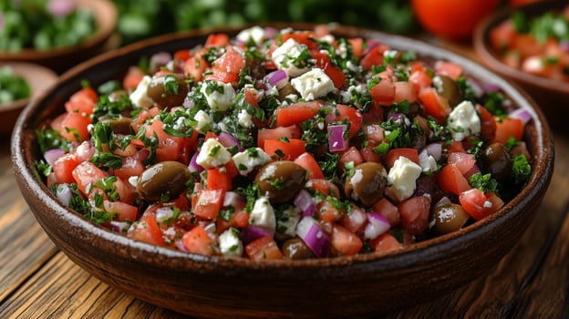 Fresh and colorful salad featuring tomatoes, herbs, and feta cheese served in a rustic bowl. photo