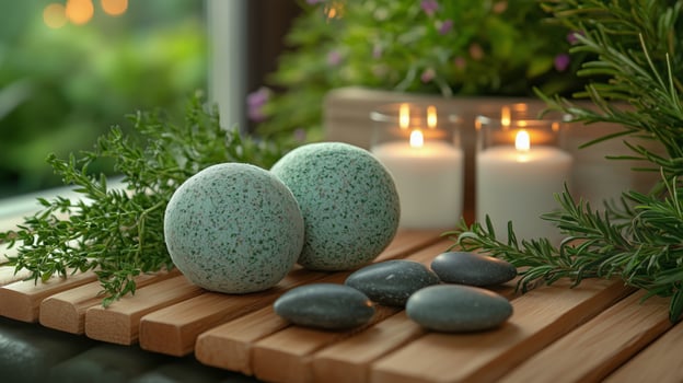 Relaxing spa setup with bath bombs, candles, and stones in a serene environment. photo