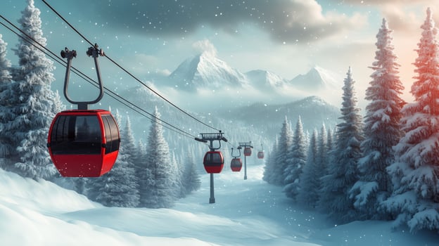 Scenic winter landscape with red gondolas traversing snowy mountains under a cloudy sky. photo