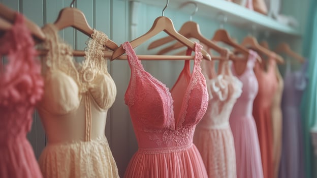 Colorful evening dresses displayed in a boutique for summer events. photo