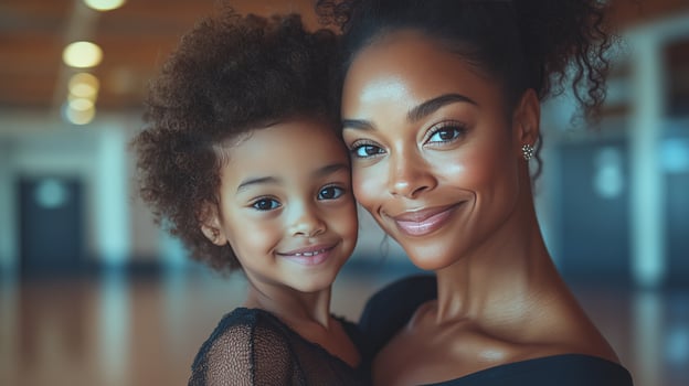 Smiling mother and daughter bonding during dance class in a bright studio. photo