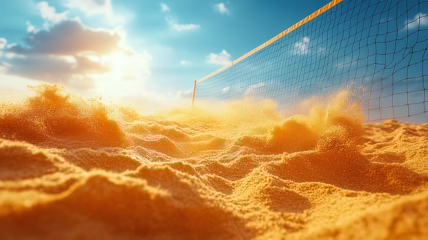 Beautiful sunset at a sandy beach volleyball court on a bright day with vibrant colors. photo