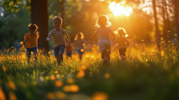 Children running joyfully in a sunlit meadow during sunset. photo