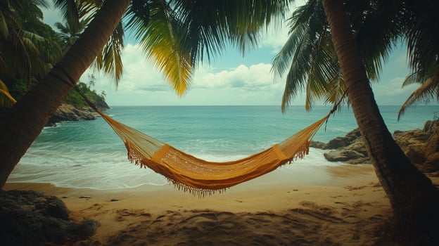 Relaxing hammock between palm trees overlooking a tranquil beach and clear ocean waters. photo