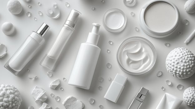 Various skincare products arranged neatly on a white surface creating an elegant aesthetic display. photo