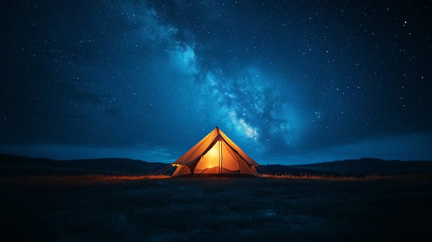 Stargazing at a cozy tent under a starry night sky in a remote location. photo
