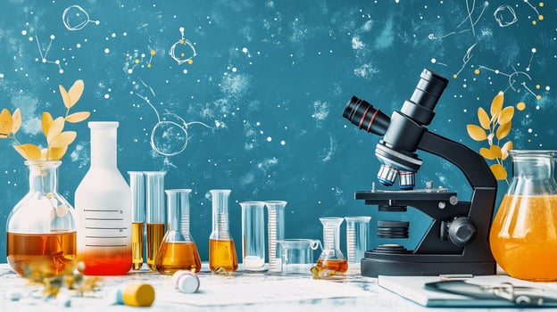 Laboratory setup with glassware and microscope on table against blue background. photo