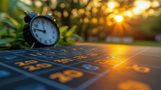 Clock beside calendar with sunset background capturing the passage of time in a serene outdoor setting. photo