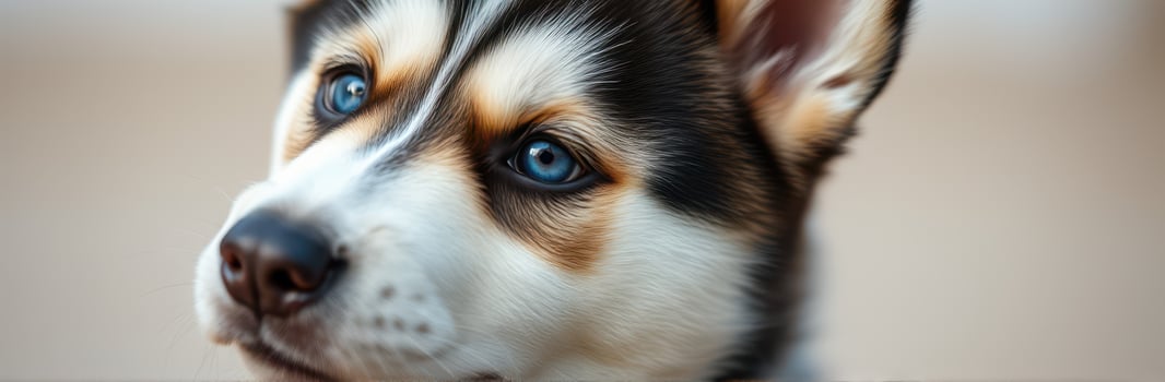 Playful husky puppy with striking blue eyes enjoying a sunny day outdoors in a garden photo
