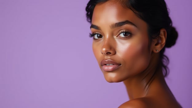 A woman with a smooth, polished complexion against a serene, lavender backdrop. photo