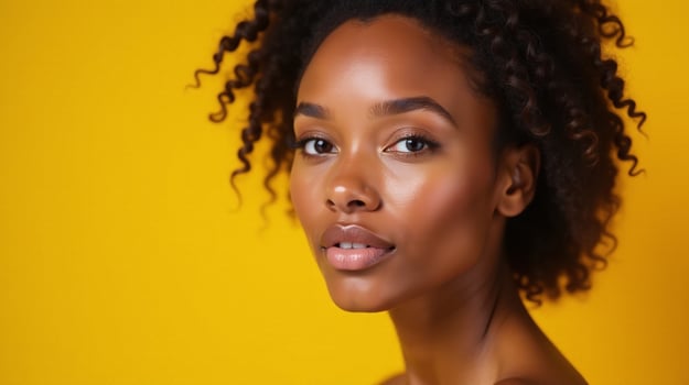 Portrait of a woman with defined facial features, set against a vibrant yellow background. photo