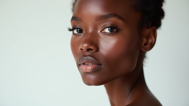 A serene individual with a gentle gaze and flawless skin. photo