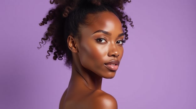 A woman with curly hair and a natural skin tone standing against a purple background. photo