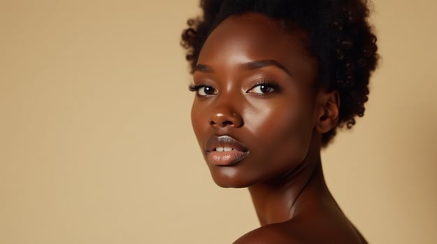 A woman with dark skin and curly hair poses for a portrait. photo