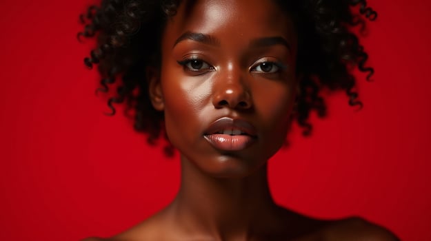 A woman with curly hair stands against a red background photo