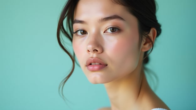 A graceful profile of elegance against a serene, turquoise backdrop. photo