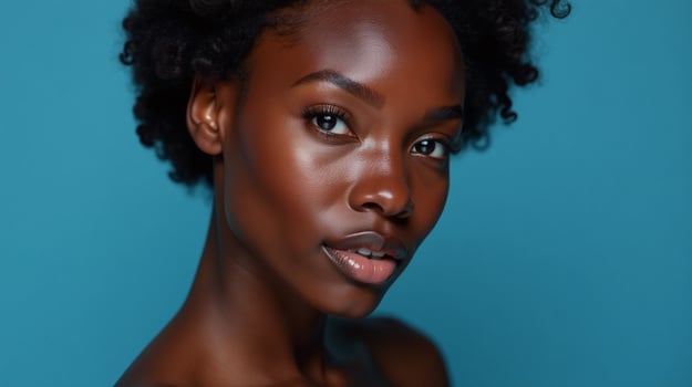 A serene portrait of a woman against a vibrant blue background. photo