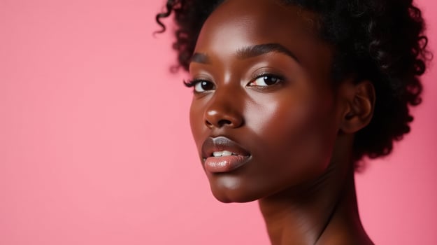 A captivating portrait of a woman with striking features against a soft, warm pink background. photo