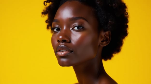 The image showcases a person with a natural, unprocessed appearance against a vibrant yellow background. photo