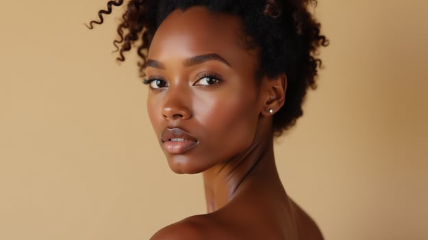 Elegant individual with curly hair against a muted backdrop. photo