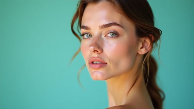 A serene portrait of a woman against a tranquil blue background. photo