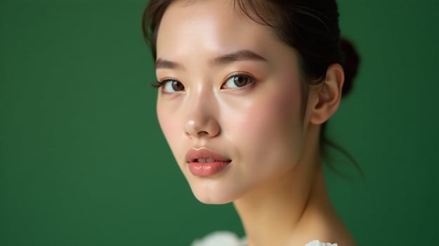 Elegant profile against a vibrant green backdrop. photo