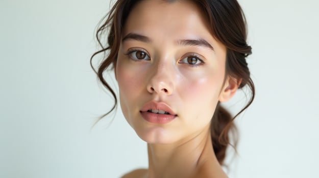 Elegant woman with soft, natural makeup and serene expression. photo