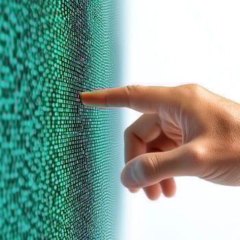 Hand Interacting with Teal Digital Screen photo