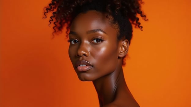 Elegant profile portrait on vibrant orange background. photo