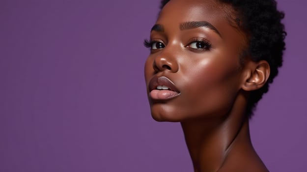 A model with short hair poses against a purple background. photo