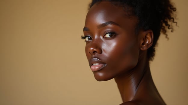 A woman with dark skin and striking features stands against a beige background, exuding an aura of elegance and grace. photo