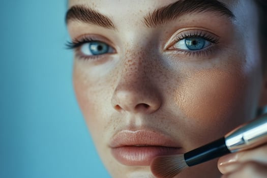 Makeup artist applying foundation on freckled model's face with brush photo