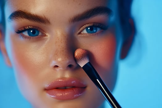 Makeup artist applying blush on model's face with brush in studio photo