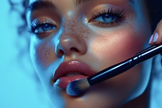Makeup artist applying lip gloss on model's lips with brush in neon lighting photo