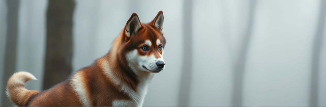 Husky dog standing in a misty forest with serene atmosphere during early morning hours photo
